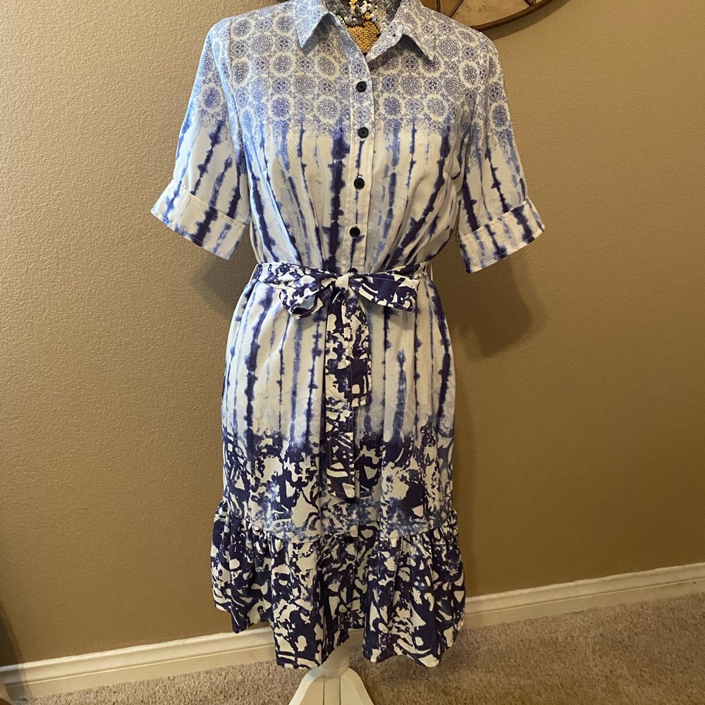 Blue & white mid length dress